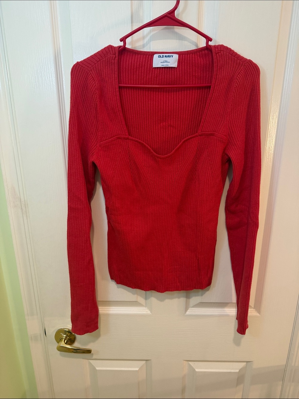 Old Navy Red Ribbed Sweetheart Long-Sleeve Top